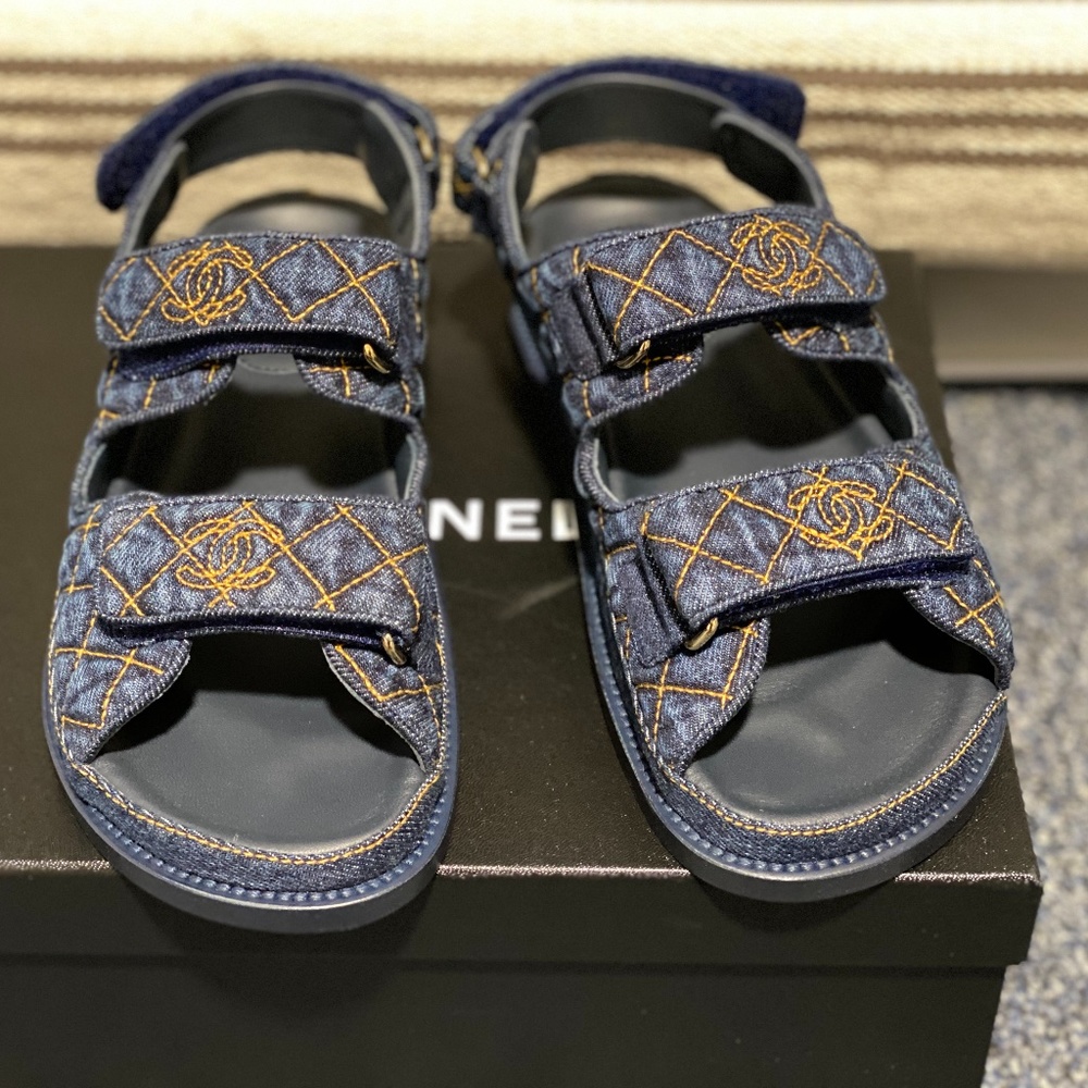 Chanel Denim Gold Quilted Cc Logo daddy sandal